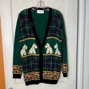 Vintage 90s Marisa Chrismas Green Plaid Cardigan with Scottish Terrier Dog XL